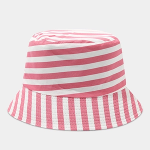 Detail of pink and white striped cotton bucket hat with vertical brim texture