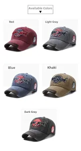 Detail of New York embroidery on washed cotton baseball caps in multiple vintage colors