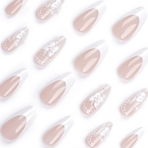 3D bow press-on nails white French tip almond shape with pearls and flower decor