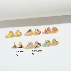 Minimalist gold heart and triangle stud earrings with colorful enamel and crystal details