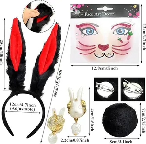 Detailed size specifications for rabbit ears headband, face stickers, earrings, and tail accessory