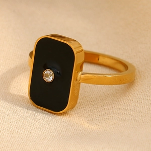 18K gold plated stainless steel ring with black enamel square and sparkling zircon stone