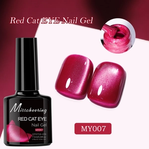 Detailed view of red cat eye nail gel bottle and swatches showing metallic magnetic shine