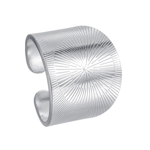 Silver wide geometric open ring with radial line texture on polished stainless steel