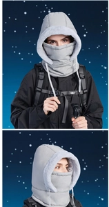 Close-up of light gray winter hood mask with thermal fleece lining and windproof fabric