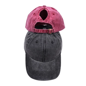 Detail of washed cotton ponytail baseball caps with metal buckle and back opening hole