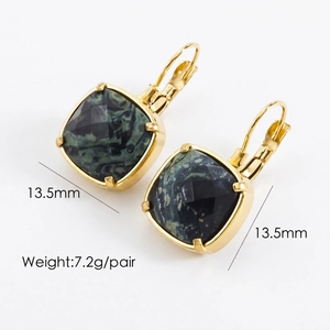 Detail shot of 13.5mm square green natural stone earrings with 14K gold-plated settings