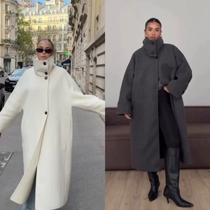 Women Long Woolen Coat Stand Collar Oversized Single Breasted Elegant Thick Warm Overcoat Fall Winter