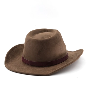 Detail of a brown suede cowboy hat with a dark red decorative belt and curved brim