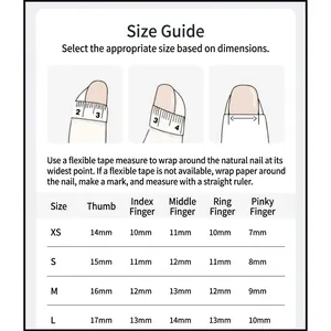Size guide for mocha bear press-on nails with measurement instructions and data table