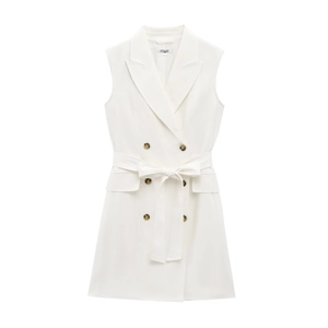 Robe blazer blanche sans manches à double boutonnage avec ceinture et col à revers chic