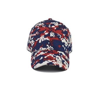 Close-up of red, white and blue digital camouflage pattern on a canvas baseball cap