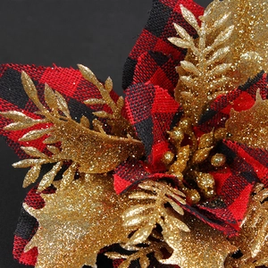 Christmas plaid flower decoration with red black fabric and golden glitter details