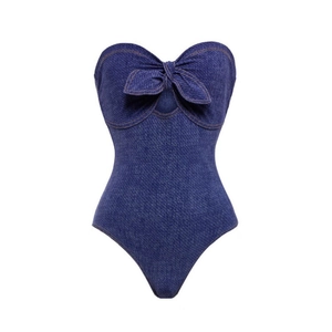 One-piece strapless swimsuit with denim print and front bow detail in dark blue