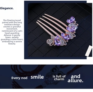 Close-up of rhinestone hair comb with purple crystals and rose gold flower design
