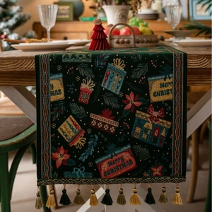 Christmas Table Runner Jacquard Polyester Tassel Edge Santa Claus Gift Box Pattern For Holiday Dining Table Decor
