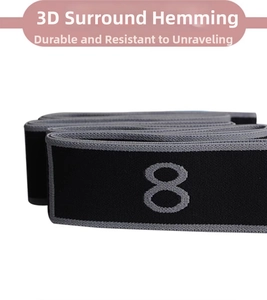 Detail of multi-segment yoga stretch band with high-density knitting and number 8 scale