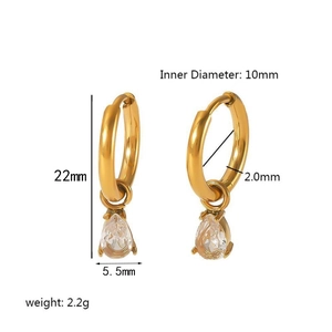 Detailed dimensions of gold teardrop earrings with zircon cross inlays and 10mm inner diameter