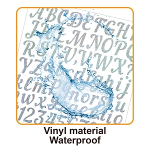 Waterproof silver glitter vinyl letter stickers shown with water splash detail