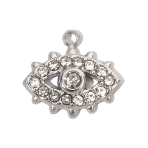 Macro view of silver evil eye pendant with pave-set crystals and stainless steel finish