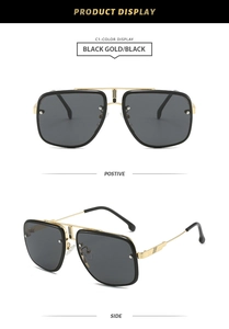 Detailed views of vintage double-bridge metal sunglasses in black and gold frame