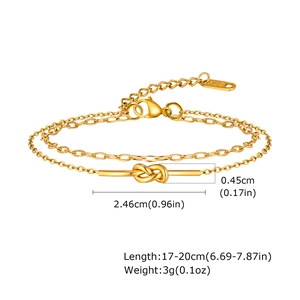 Gold double-layer stainless steel knotted bracelet with detailed size measurement labels