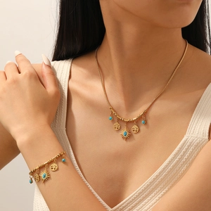 Stainless Steel Jewelry Set For Women Gold Plated Life Tree Starburst Pendant Turquoise Bead Snake Chain Necklace And Bracelet