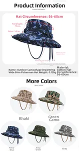 Detailed size chart of camouflage outdoor sun hat with 10cm wide brim and drawstring