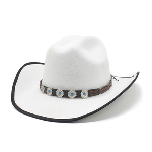 Vintage white wide brim western cowboy hat with turquoise leather band and wool felt