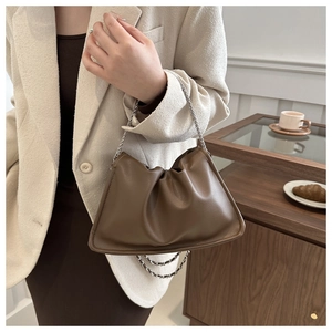 Close-up of brown pleated cloud bag with elegant silver chain strap detail
