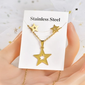Detail of gold hollow star jewelry set including necklace and studs on card