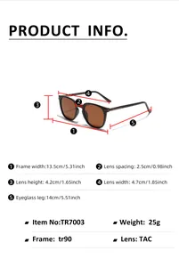 Size chart showing TR90 frame dimensions and TAC lens specifications for square sunglasses