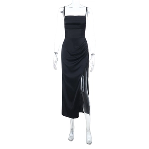 Detailed front view of black satin slip dress with adjustable straps and side high slit