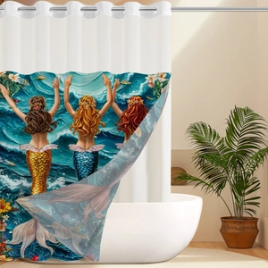 Detail of colorful mermaid art shower curtain with durable rust-proof metal grommets
