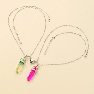 Macro detail of hexagonal crystal pendants with heart-shaped magnetic heart clasp