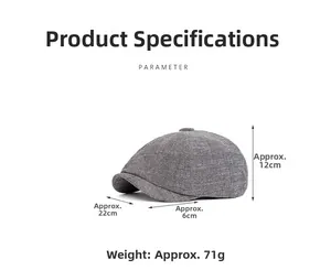Grey newsboy cap dimensions: 12cm height, 22cm width, 6cm brim with textured fabric