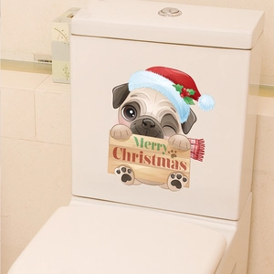 Detailed view of pug Santa toilet sticker on white tank with Merry Christmas sign