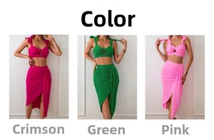 Three-color nylon bikini set with bow straps, high-waisted pleated skirt, and front slit