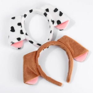 Detail of plush Dalmatian spotted and solid brown dog ear headbands with soft faux fur texture