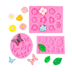 Pink silicone mold set featuring flower leaf and butterfly patterns for cake decorating