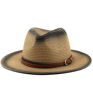 Gradient straw sun hat with brown leather strap and gold buckle for outdoor travel