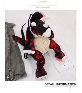 Detail view of tie-dye triceratops plush backpack with adjustable straps on white background