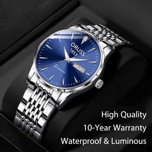Detail of ORUSS business watch with blue sunray dial and silver steel band
