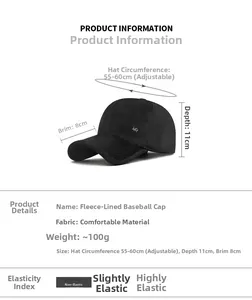 Detailed size chart for black thermal baseball cap with adjustable strap and 8cm brim