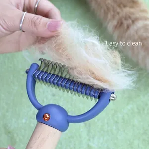 Dual-sided beech wood pet grooming rake for cats and dogs with easy clean stainless steel blades
