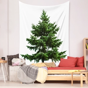 Detail of bohemian Christmas tree tapestry hanging above a cozy sofa in a modern room
