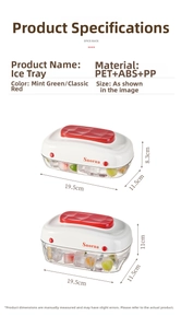Detail showing red food-grade ice cube mold with PET and ABS material specifications