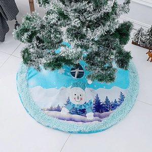 Blue plush Christmas tree skirt with LED lights featuring snowman and snow scene patterns