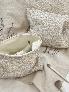 Floral corduroy large capacity makeup bags in cream white with blue pink flower patterns