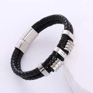Men's double-layered black braided leather bracelet with silver magnetic steel clasp